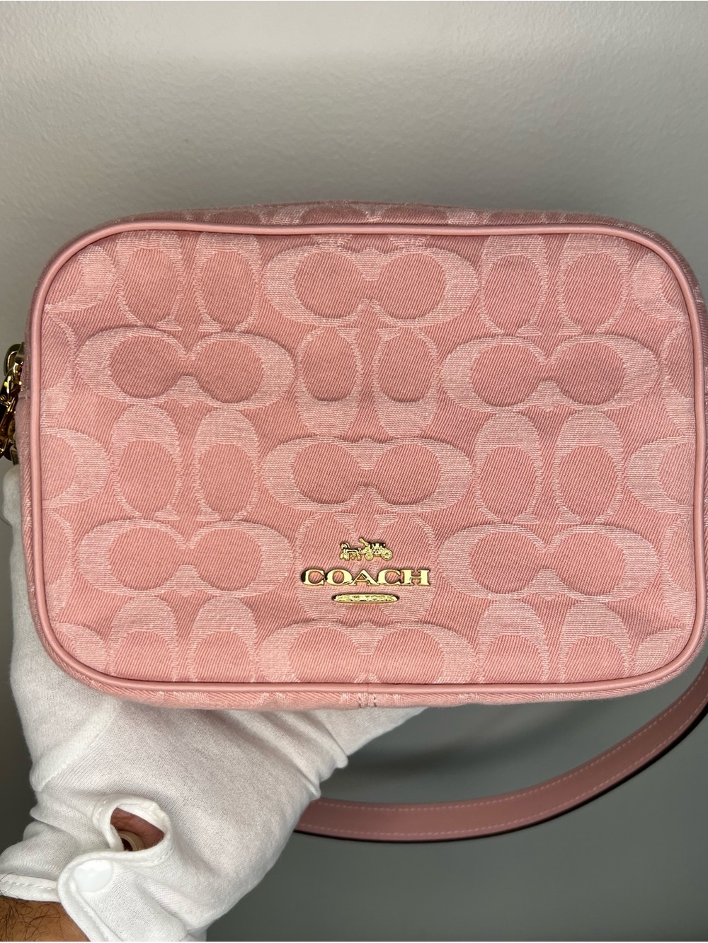 NWT Coach Outlet Pink Denim Signature Jacquard Logo Mini Carey Bag CEN19